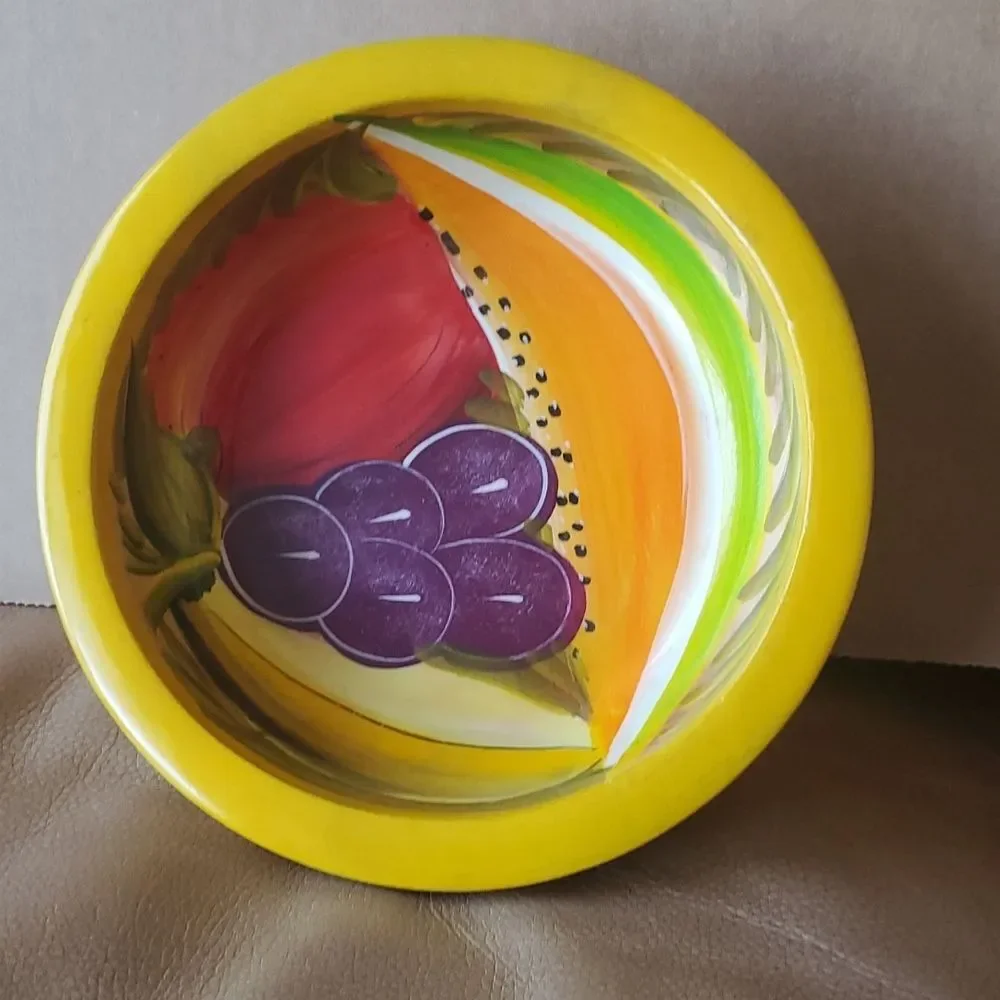 Painted Wood Bowl - fruit grape, apple, watermelon and lemons